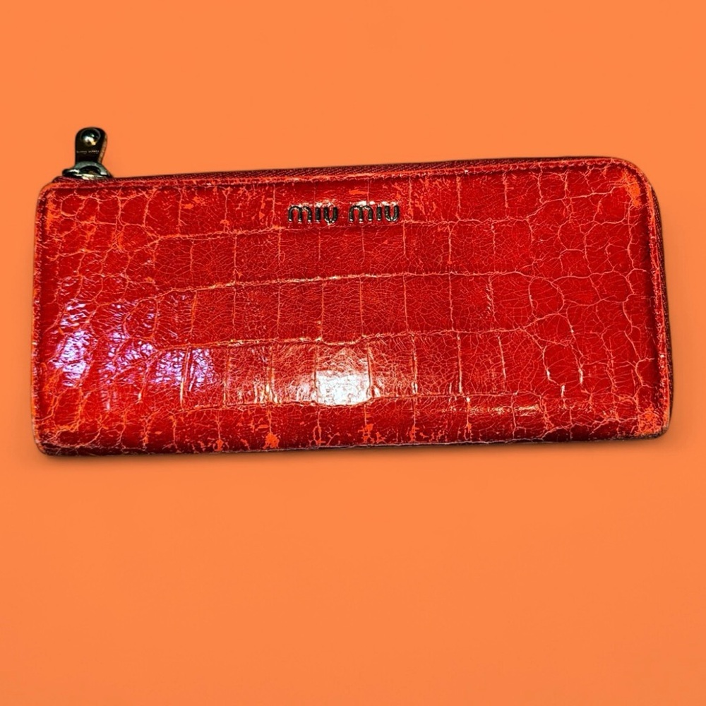 Miu Miu Fiery Orange crocodile-embossed leather zip-around long wallet with COA